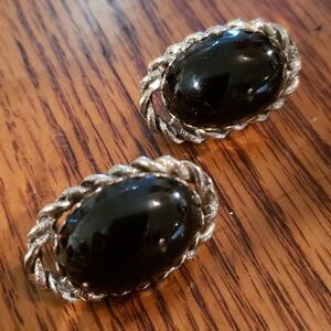 VNTG Designer Silvertone Black Stone Clip-on Earrings